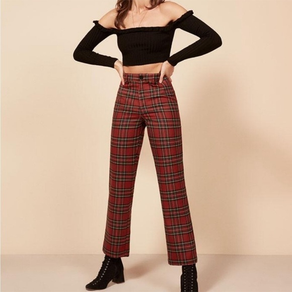 Reformation Franklin High Rise Straight Pants Red Plaid Size 0 B20 - Picture 1 of 7